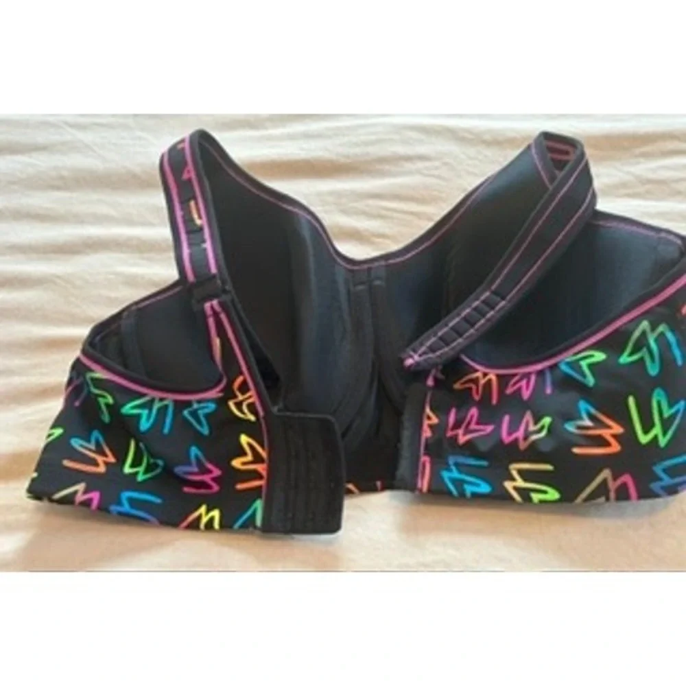 Cacique Sport High Impact Underwire Bra 42DD Black Neon Geometric Heart Print